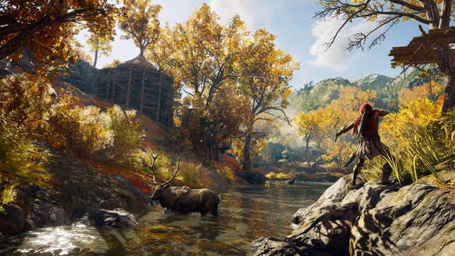 An image from Assassin's Creed Odyssey depicting protagonist Kassandra aiming her arrow at a stag in the water.