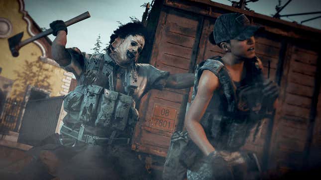 Movie slasher Leatherface swings an axe at a screaming, female operator in Call of Duty: Warzone.