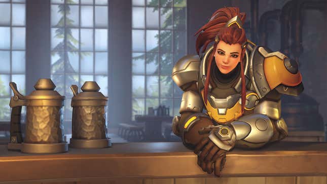 Brigitte from Overwatch, leaning on a bar top with two tankards next to her.