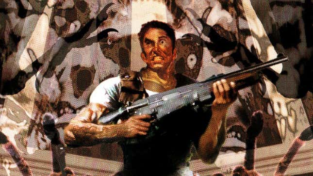 The weird cover of Resident Evil 1 featuring a very ugly man holding an odd gun. 