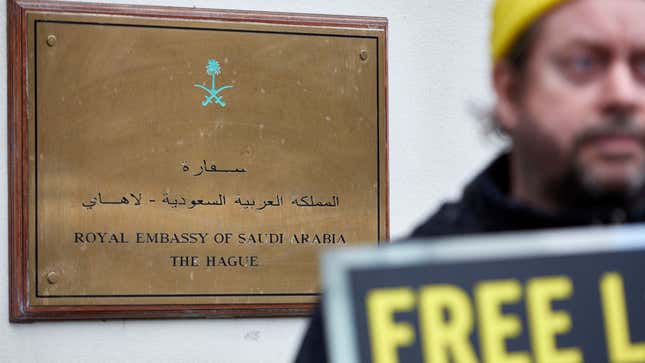 Human right activists demonstrate outside the Saudi Arabia embassy in The Hague for the release of all jailed women human rights activists in Saudi Arabia on November 19, 2020, in The Hague, Netherlands. 