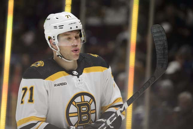 Feb 25, 2023; Vancouver, British Columbia, CAN;  Boston Bruins forward Taylor Hall (71) skates between play during the third period against the Vancouver Canucks at Rogers Arena.