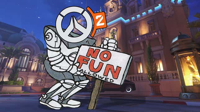 A modified screenshot from the Sonic the Hedgehog book Sonic's Shoes Blues with a bot holding a "No Fun Allowed" sign in front of an Overwatch 2 map. 