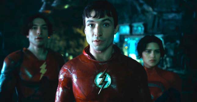 Ezra Miller as two versions of Barry Allen and Sasha Calle (right) as Supergirl in The Flash. 