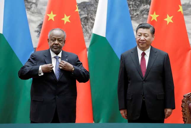 Chinese president Xi Jinping in November 2017 with president Ismail Omar Guelleh of Djibouti, where China now has a military base.