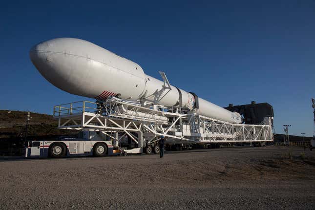 A Falcon 9 rocket on the ground at Vandenberg Air Force Base.