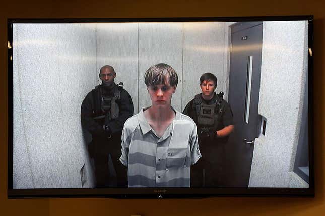 NORTH CHARLESTON, SC - JUNE 19: In this image from the video uplink from the detention center to the courtroom, Dylann Roof appears at Centralized Bond Hearing Court on June 19, 2015, in North Charleston, South Carolina. Roof is charged with nine counts of murder and firearms charges in the shooting deaths at Emanuel African Methodist Episcopal Church in Charleston, South Carolina, on June 17