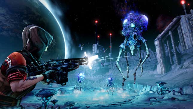 A vault hunter points a gun at a giant brain enemy on the moon in Borderlands: The Pre-Sequel.