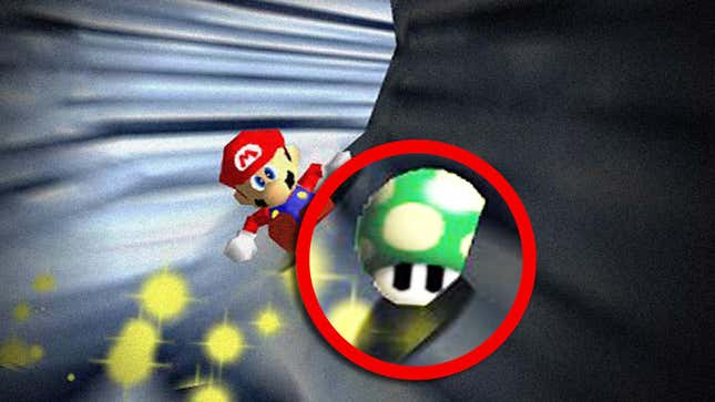 Mario tries to slide and grab a green and white 1-up mushroom.