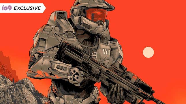 A crop of an illustration featuring Halo's Master Chief against an orange background with a small orb in the sky.
