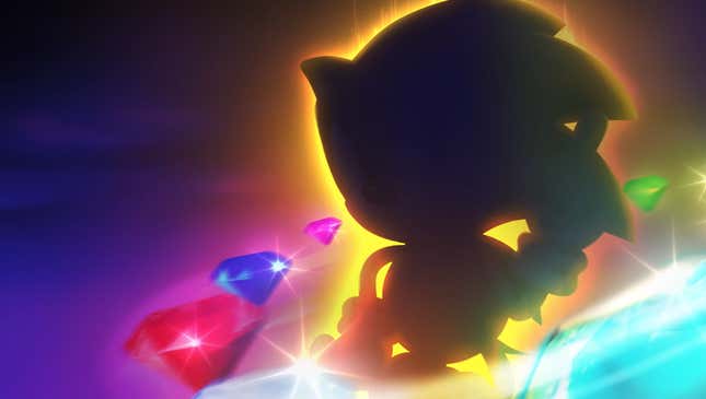 Sonic is seen shrouded in darkness and surrounded by Chaos Emeralds.