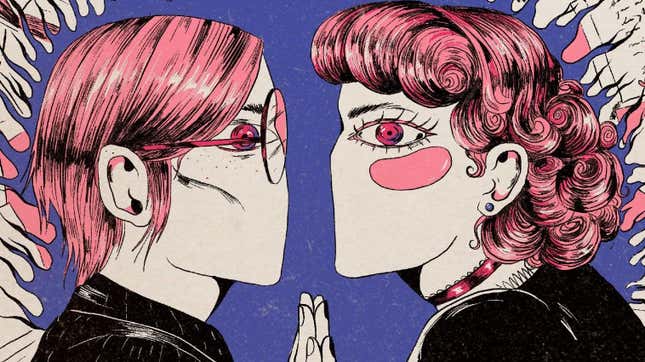 An illustration of two figures with pink hair and pink eyes against a purple background, touching hands and staring lovingly at each other.