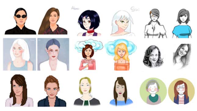 Drawings representing Alexa and Siri based on video interviews I’d done by illustrators who had little to no previous exposure to the assistants.