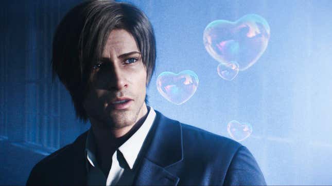 Leon stares at heart-shaped bubbles.