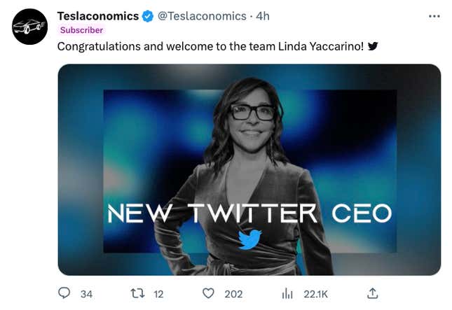 Image for article titled Twitter Conspiracy Bozos Are Freaking Out Over Elon's WEF-Friendly CEO Pick