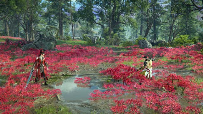 Two Naraka: Bladepoint warriors are staring each other down in a beautiful, flower-laden and tree-lined field.