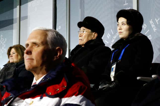 Kim Yo Jong, top right, sister of North Korean leader Kim Jong Un, sits alongside Kim Yong Nam, president of the Presidium of North Korean Parliament, and behind US vice president Mike Pence as she watches the opening ceremony of the 2018 Winter Olympics in Pyeongchang.