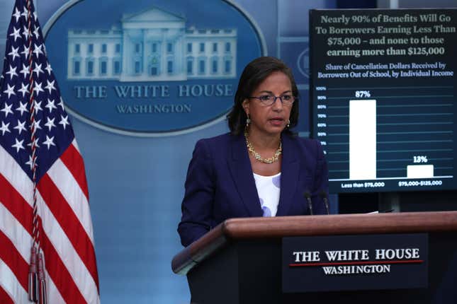 WASHINGTON, DC - AUGUST 24: White House Domestic Policy Adviser Susan Rice speaks on President Biden’s announcement of student loan debt forgiveness during a White House daily press briefing at the James S. Brady Press Room of the White House August 24, 2022 in Washington, DC. White House Press Secretary Karine Jean-Pierre held a daily press briefing to answer questions from members of the media.