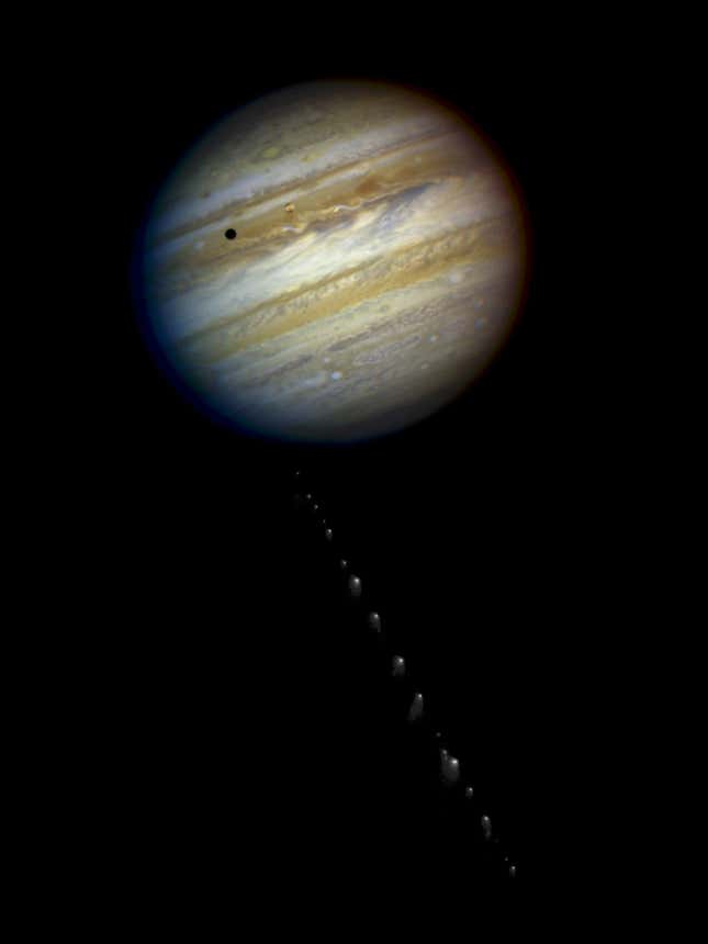 This composite is assembled from separate images of Jupiter and comet Shoemaker-Levy 9, as imaged by the NASA/ESA Hubble Space Telescope in 1994.