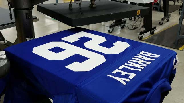 A jersey being readied for the second overall pick in last year’s draft, Saquon Barkley.