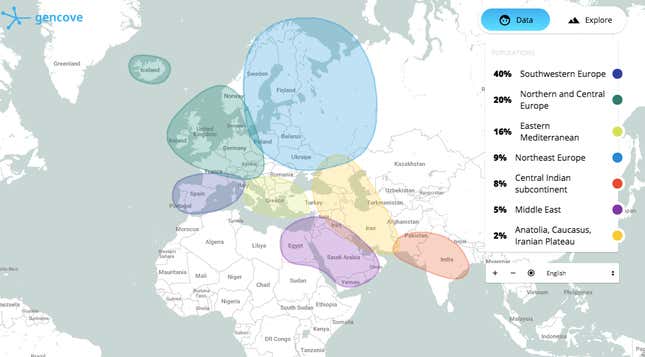 The author’s DNA test results from GenCove, using 23andMe data.