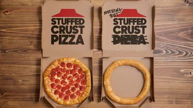 pepperoni pizza next to nothing but stuffed crust pizza ring