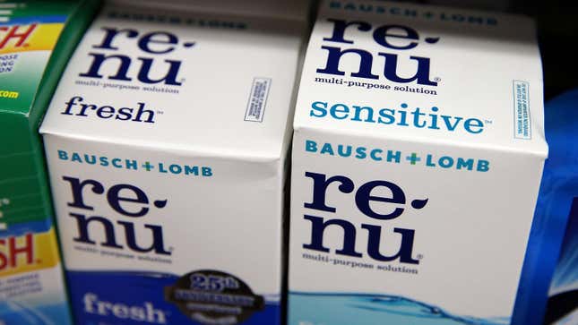 Boxes of Bausch and Lomb contact lens solution sit on a shelf at Arguello Market on May 28, 2013 in San Francisco, California. 