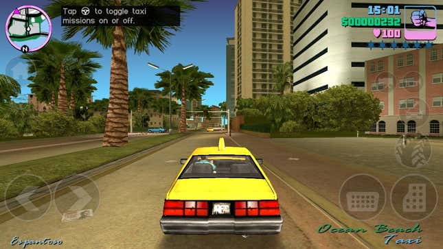A player drives a taxi down the street in GTA: Vice City