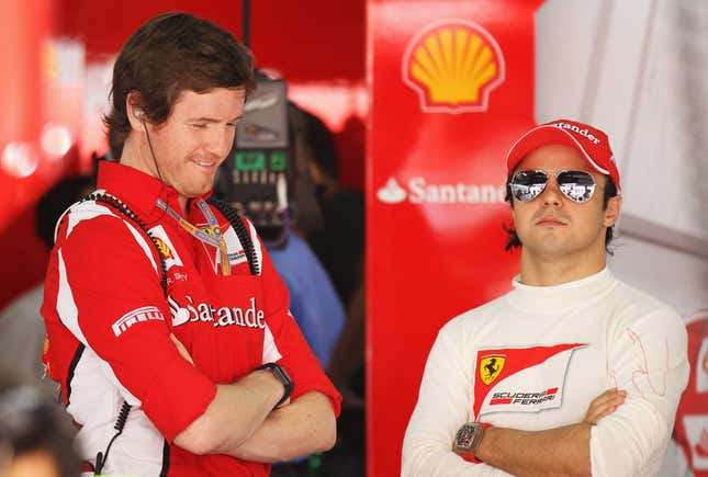 Felipe Massa (R) of Brazil and Ferrari talks with his race engineer Rob Smedley as he prepares to drive during practice for the Bahrain Formula One Grand Prix at the Bahrain International Circuit on April 20, 2012 in Sakhir, Bahrain. 