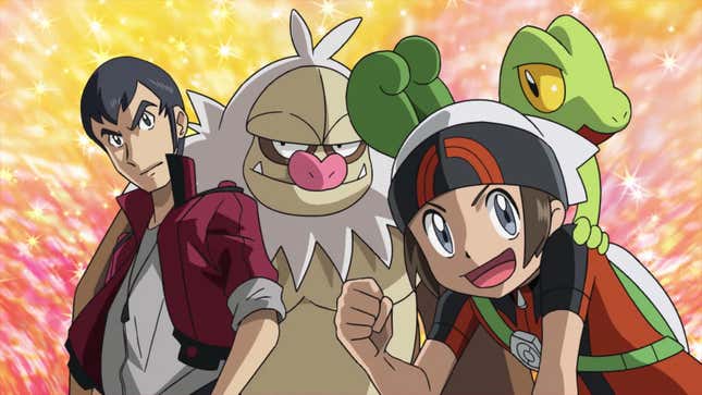 Norman, Slaking, Brendan, and Treecko are seen posing together.