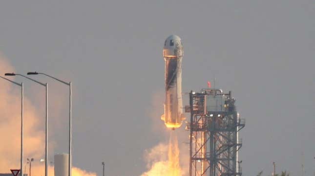 The New Shepard Blue Origin rocket lifts off from the launch pad carrying Jeff Bezos along with his brother Mark Bezos, 18-year-old Oliver Daemen, and 82-year-old Wally Funk prepares to launch on July 20, 2021, in Van Horn, Texas. Mr. Bezos and the crew are riding in the first human spaceflight for the company.