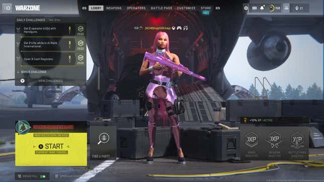 A screenshot of the Warzone start screen. Nicki Minaj stands front and center in all pink.