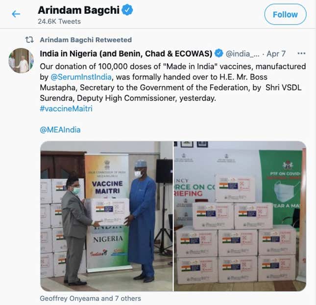 India's vaccine shipment to Nigeria.