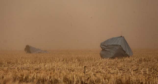 The Hodgeman County Undersheriff confirmed these grain bins were blown away from a nearby farm into cornfield across Hwy 283 in Jetmore, Kansas.