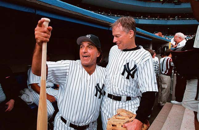 From left, former New York Yankees Joe Pepitone and Jim Bouton share some laughs before action in the Old-Timers&#39; Game against the Los Angeles Dodgers at Yankee Stadium on July 25, 1998.

24019207 00006