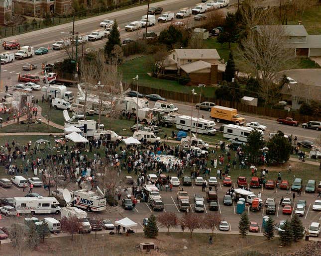 This April 21, 1999, photo, shows the news media compound near Columbine High School in Littleton, Colo.