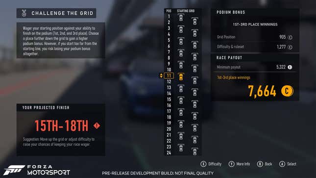 Pre-release in-game screenshot of Forza Motorsport Challenge The Grid menu
