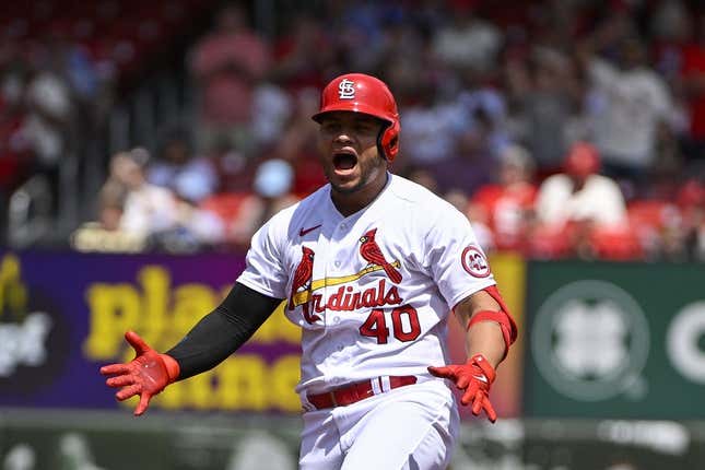 Apr 19, 2023; St. Louis, Missouri, USA;  St. Louis Cardinals designated hitter Willson Contreras (40) reacts after hitting a one run double against the Arizona Diamondbacks during the first inning at Busch Stadium.