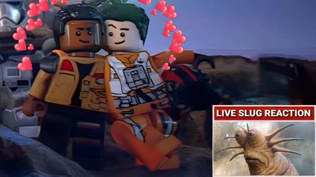 Lego Finn and Poe stand arm-in-arm with hearts floating above their heads. 