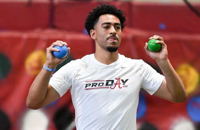 Mar 23, 2023; Tuscaloosa, AL, USA;  Quarterback Bryce Young uses balls to help him loosen up during Pro Day at Hank Crisp Indoor Practice Facility on the campus of the University of Alabama.

Ncaa Football University Of Alabama Pro Day