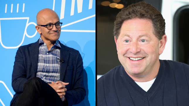 Satya Nadella (left) sits during a panel discussion while Bobby Kotick (right) is photographed getting out of a car. 