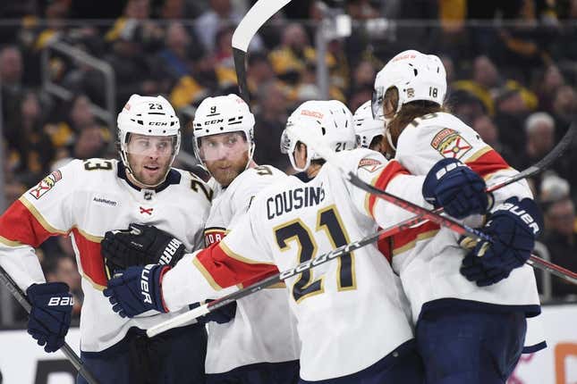 Apr 26, 2023; Boston, Massachusetts, USA; Florida Panthers center Sam Bennett (9) celebrates his goal with his teammates during the second period in game five of the first round of the 2023 Stanley Cup Playoffs against the Boston Bruins at TD Garden.