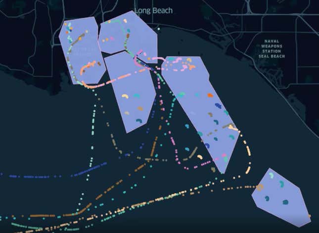 A satellite image of ships entering and exiting the Port of Los Angeles.