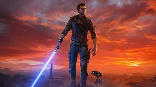 An image shows Cal holding his lightsaber while he and his droid stand in front of a sunset.