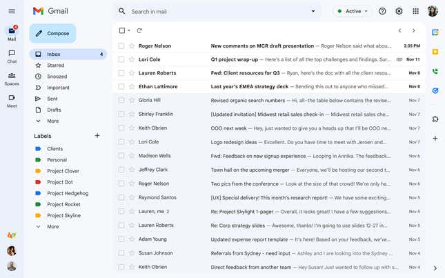 A screenshot showing the remodeled Gmail