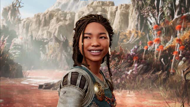 Angrboda smiles as sunlight shines on her face as she stands in the middle of mountainous terrain. 