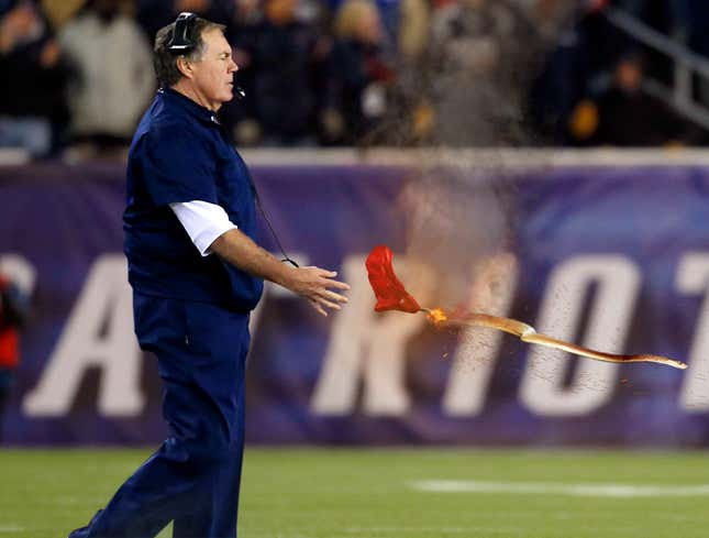 Image for article titled Bill Belichick’s Challenge Flag Transforms Into Swarm Of Snakes After Hitting Ground