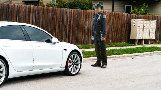 Image for article titled Police Ask Tesla To Drive In Straight Line, Recite Alphabet Backwards After Vehicle Crashes Into Tree