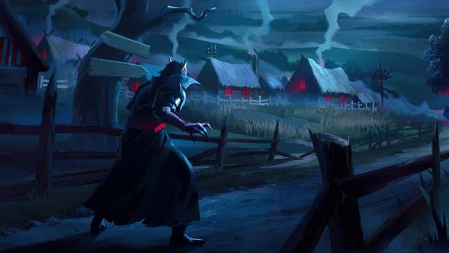 A vampire stalks a village at night.