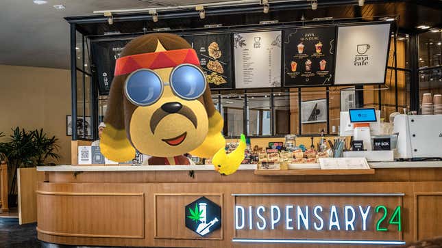 Harvey from Animal Crossing standing at a dispensary counter.